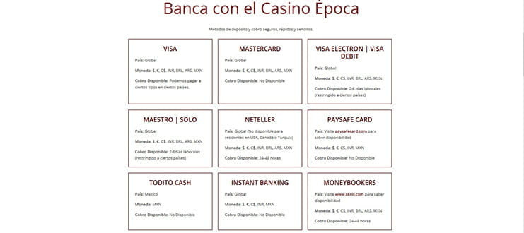 All methods for deposits and withdrawals from Casino Epoca
