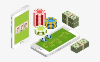 Mobile devices with casino chips and banknotes.