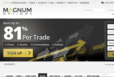 Home page of Magnum Options, an online broker from Bulgaria