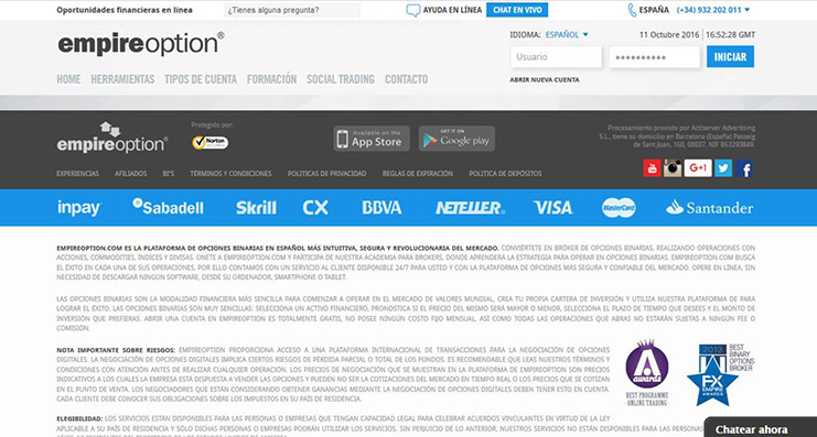 Empireoption processes payments through a company based in Barcelona