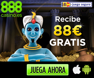 Advertising banner of 888casino with a blue genie and the following text: receive $ 88 for free plus $ 500 welcome bonus; the phrase: play now; and in addition the logos of 888casino, Android, iOS and safe game